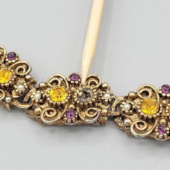 Womens Gold Tone Metal Fashion Bracelet Multicolor Rhinestones Faux Pearl 6 1/4 - Picture 6 of 8